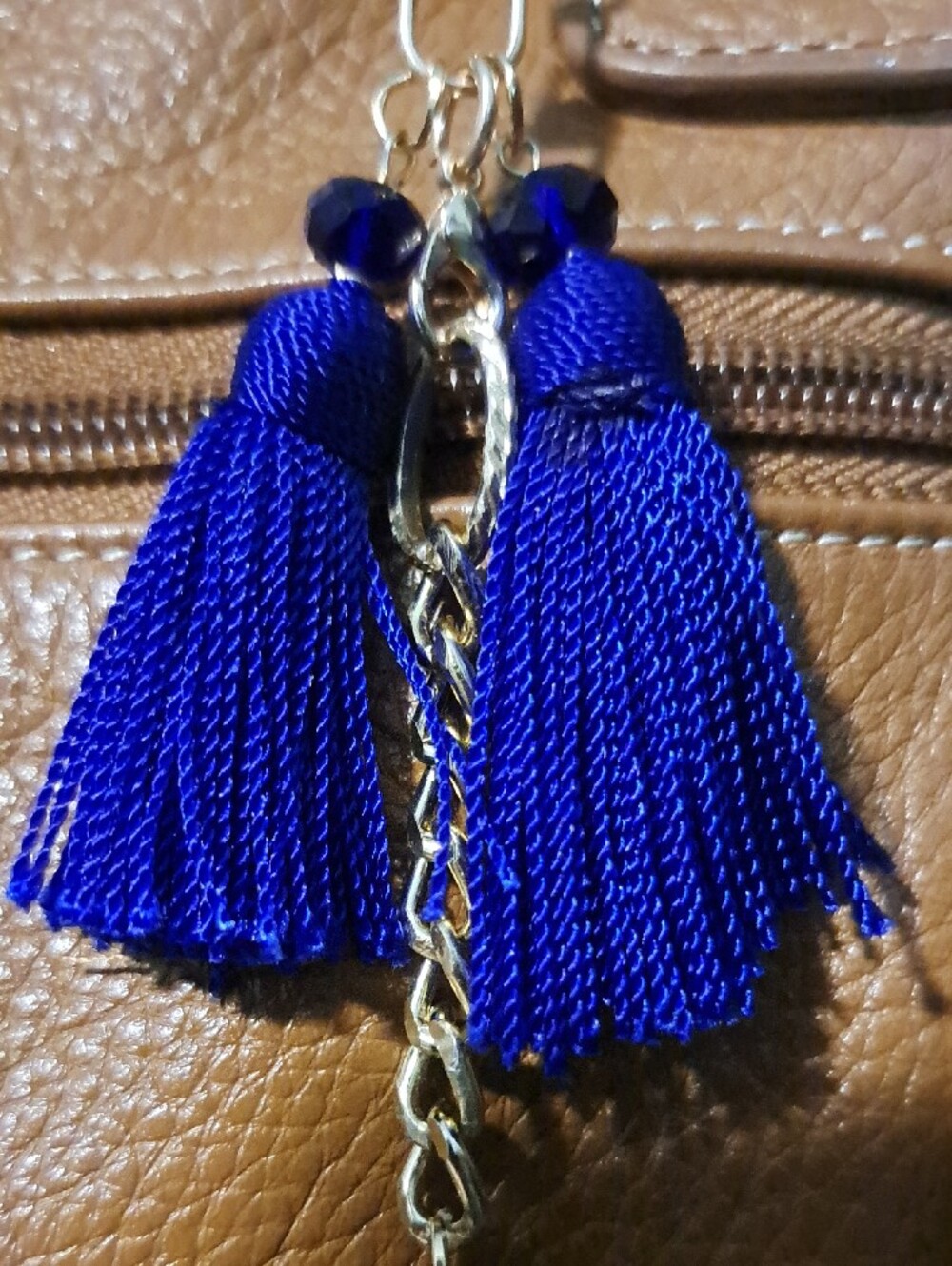 Hand Crafted Royal Blue Tassel & Stone Bag Purse Charm Keychain - Picture 4 of 6